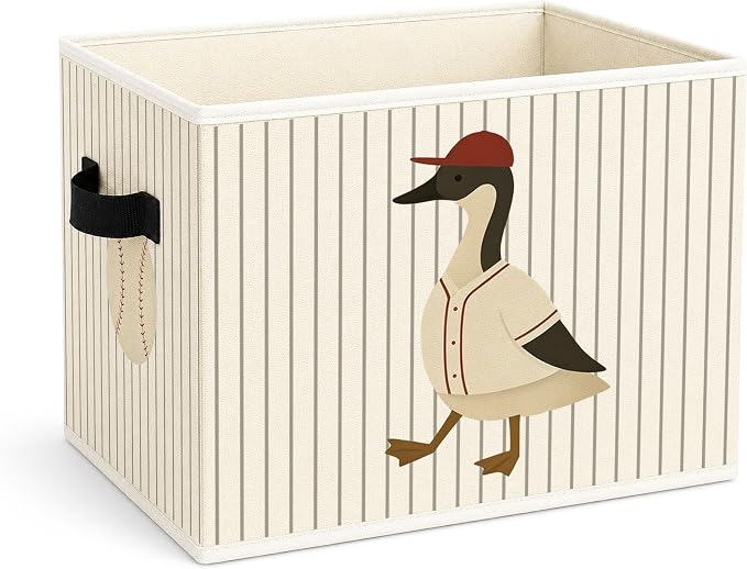 Baseball Goose Storage Bin, Foldable Fabric Basket for Kids Room | Foldable fabric storage bin with sports goose design for toys, books, clothes, nursery, bedroom, and playroom use.