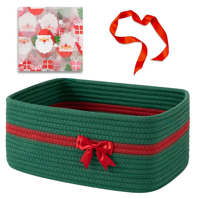 OIAHOMY Large Woven Storage Basket with Handles for Nursery Living Room Shelves, Bow Basket for Gifts Empty with Gift Bags and Ribbons for Baby Showers Pet Toy Bin - Christmas Green
