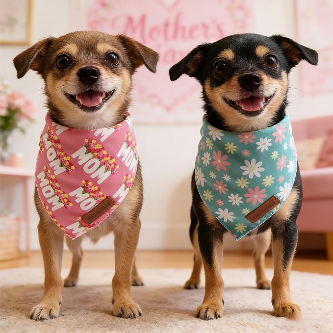 Realeaf Mothers Day Dog Bandanas 2 Pack, Reversible I Love My Mom Pet Scarf for Boy and Girl, Premium Durable Fabric, Valentines Day Bandana for Medium Large Dogs (Small)