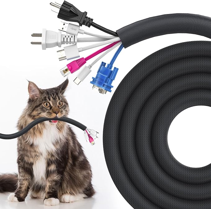 UOMTFAI Dog and Cat Cord Protector 10ft - 1inch, Flexible Cable Sleeve for Easy Cord Management, Protects Cables from Pets Chewing, Ideal for USB, Power, Audio and Video Cords - Black