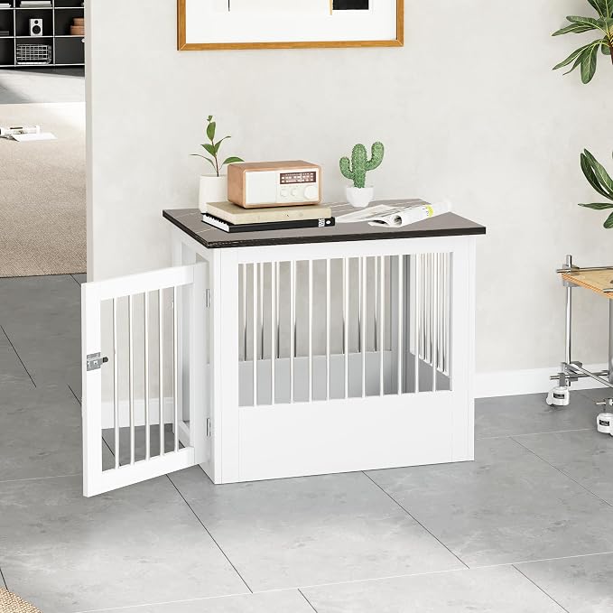 30" Wooden Dog Crate Furniture,Medium Kennel Pet Cage End Table for Indoor | for Small Medium Dogs, White and Black, Fits Living Room Bedroom, Heavy Duty Steel Frame with Lock 45 lbs Cap, 100 lbs Top.