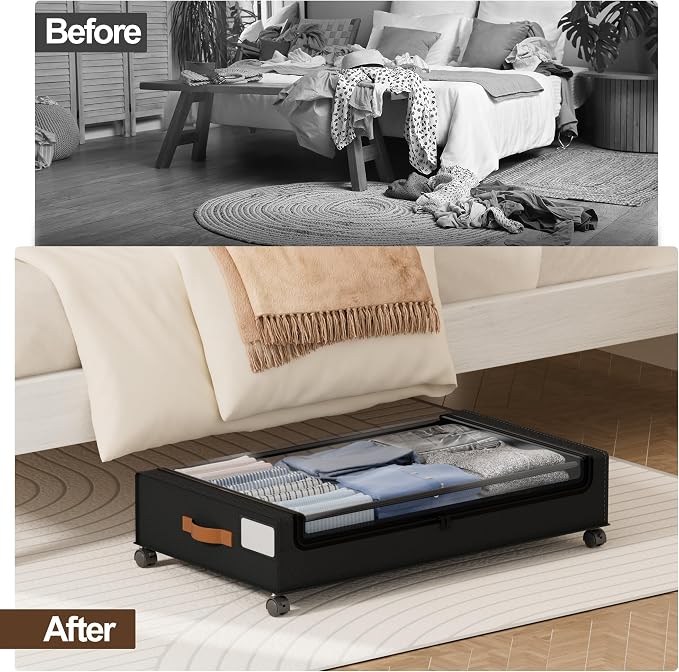 LAMU Under Bed Storage with Wheels, 2Pack Underbed Storage Containers,Black | Smooth-rolling Wheels, Clear Lid & Label, Sturdy Metal Frame, Easy Install, Rolling Storage Drawers for Clothes, Shoes, Toys