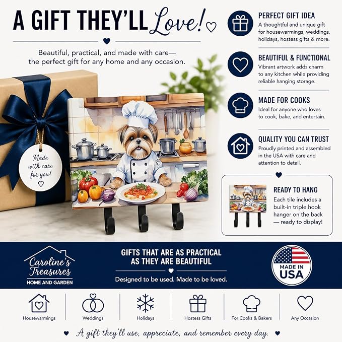 Caroline's Treasures Lhasa Apso The Chef Leash or Key Holder Wall Hooks, Key Hooks Holder, Coat Rack Wall Mount, Coat Hooks, Hooks for Hanging Keys, Towels, Aprons, Leashes | Lhasa Apso The Chef artwork on ceramic tile with three steel hooks for keys, ...
