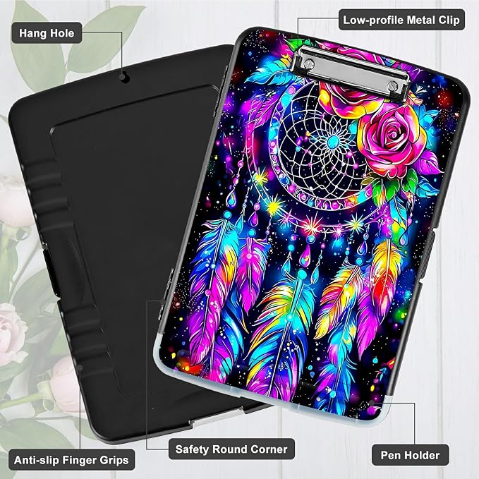 Artistic Dreamcatcher A4 Clipboard with Storage Pen Holder, Clipboards Organizer Nursing Clipboard Foldable File Folder Plastic Clipboard Folio Clip Board for Office Students Classroom