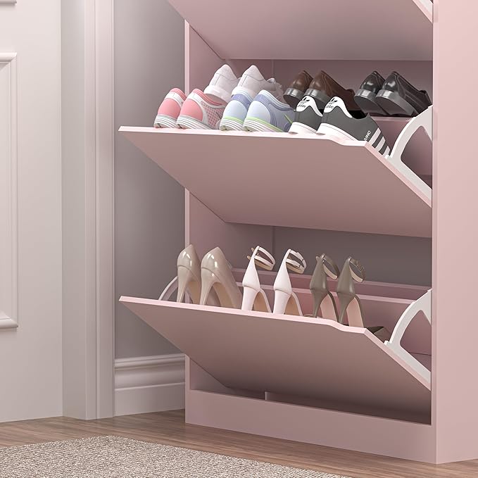 BORNOON Shoe Cabinet with 3 Flip Drawers, Hidden Wood Shoe Cabinet,Freestanding Shoe Storage Cabinet for Entryway Hallway.White. 47.2" H*31.5" W*9.45" D (Pink)