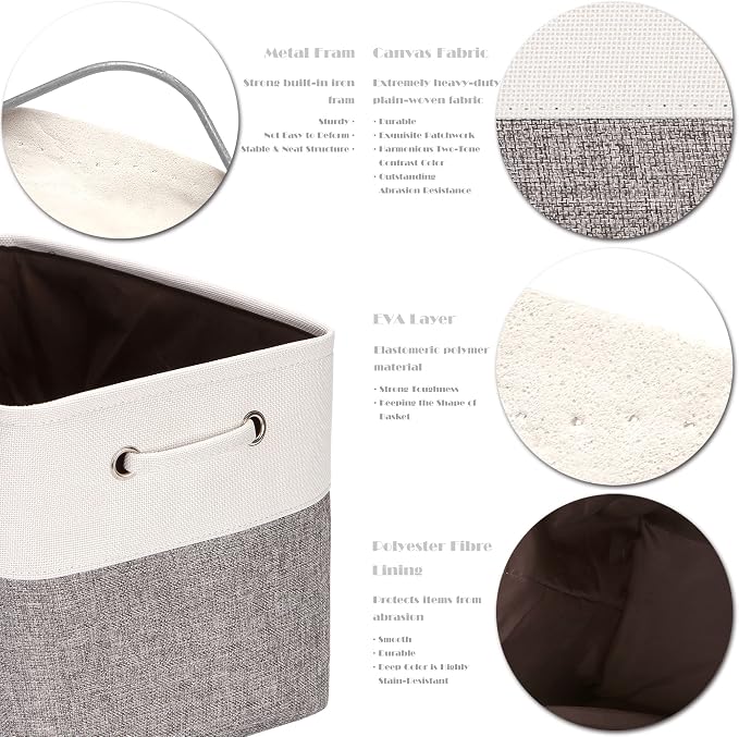 Sea Team Large Rectangle Canvas Open-Top Storage Baskets, 3-Pack | Collapsible Fabric Storage Bins with Handles, Closet Shelf Organizers, 15 x 10 x 10 Inches, Gray & White