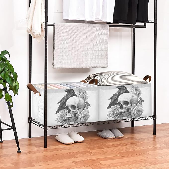 Crow Roses and Gothic Skull Storage Basket Foldable Cube Storage Bins with Handles&Label Waterproof Collapsible Organizer Box Bin Large Rectangle Decorative Baskets for Shelves Home Room Laundry, 2 PC