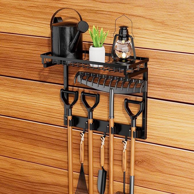 Broom Holder Wall Mount, Mop Organizer with Cleaning Tools Storage Shelf | Sturdy Metal Barn Cleaning Supplies Holder Gripper Hooks, Utility Hanger Closet Organizer for Home Improvement Garage Kitchen