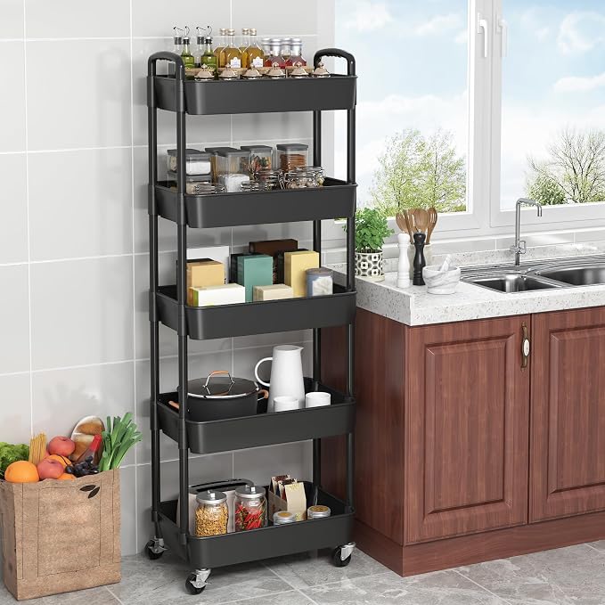 Sywhitta 5-Tier Plastic Rolling Utility Cart with Wheels,Black | Multi-Functional Storage Trolley, for Office, Living Room, Kitchen, Bathroom,Movable Organizer,Space-Saving,Easy to assemble