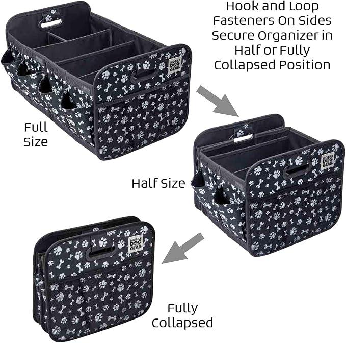 Mobile Dog Gear, Dogssentials Collapsible Storage Organizer for Travel with Built-in Waste Bag Dispenser, Includes 1 Roll of Waste Bags, Black/White Paw Bone Print, Meets Airline Regulations