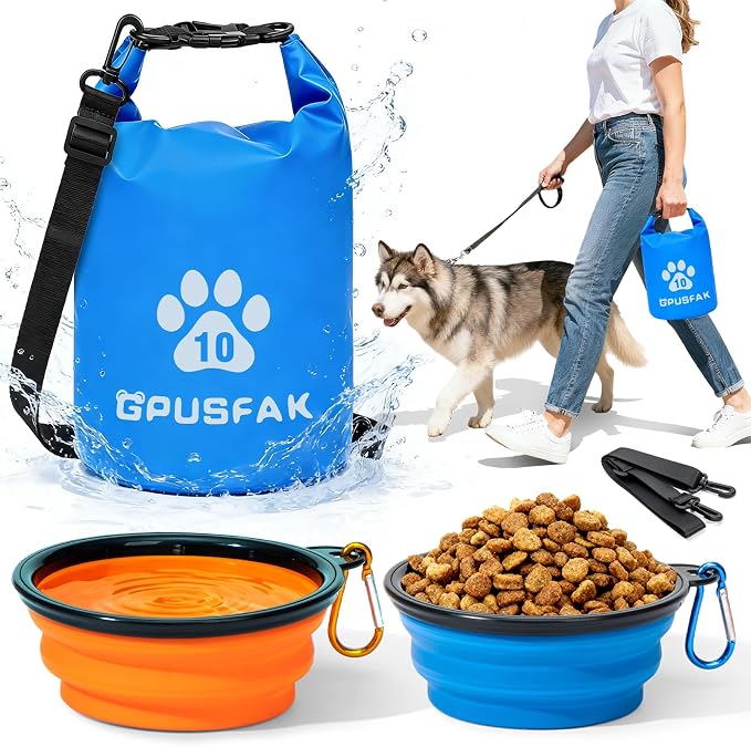 Pet Food Storage Bag with Bowl (64 Cup) - Zip Roll Top Dog Food Travel Bag Waterproof Kibble Container for Camping Road Trips Travel Dog Boarding Weekend Getaways Machine Washable 10L Blue