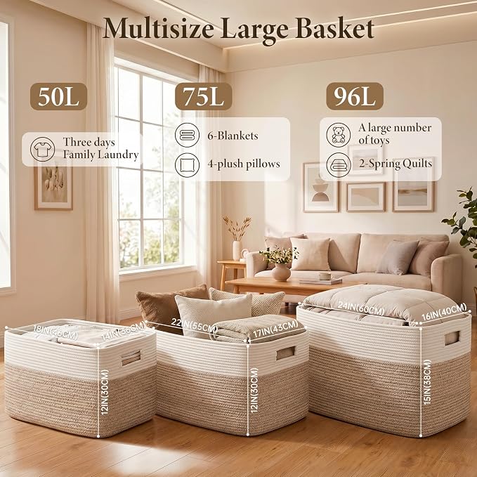 Blanket Basket, Cotton Rope Woven Storage Basket for Living Room, Toy Bin for Kids, Nursery, Baby Room Decorative Organizer, 18''×14''×12'', Brown & White