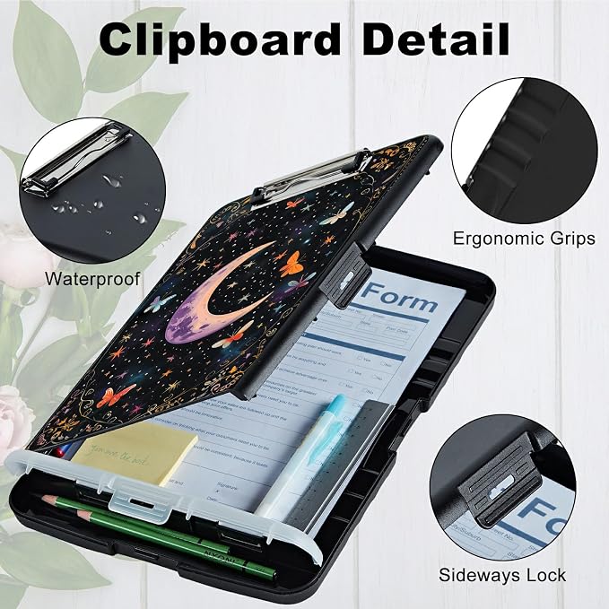 A4 Clipboard with Storage Pen Holder, Clipboards Organizer Nursing Clipboard Foldable File Folder Plastic Clipboard Folio Clip Board for Office Work Classroom Doctor, Butterfly Dark Moon