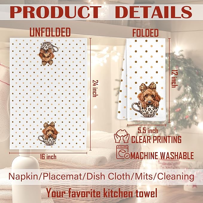 Leopard Bow Toy Poodle Kitchen Towels, Toy Poodle Gifts Dish Tea Towels, Trendy Cheetah Print Coffee Cup Dog Polka Dot Decorative Hand Towel for Bathroom, 16x24 Inch