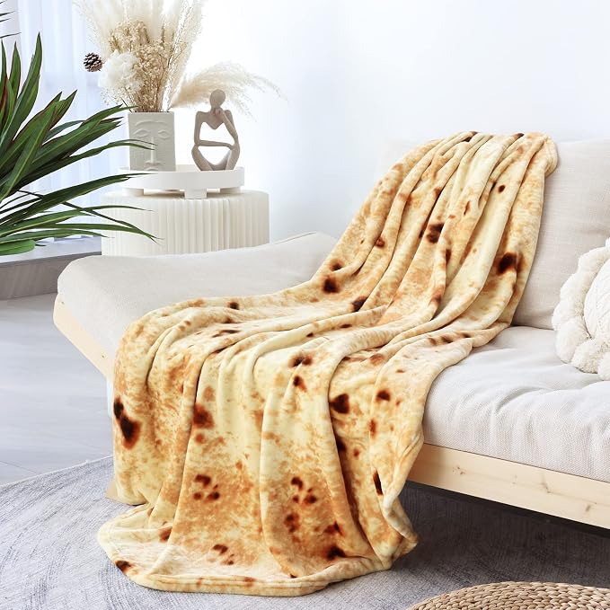 Bnuitland Burritos Tortilla Throw Blanket,300GSM Double Sided Funny Gift Throw with Burrito Pouch,Realistic Super Soft Taco Food Blanket,Novelty Swaddle Yellow Blanket for Baby/Kids and Pets Wrap