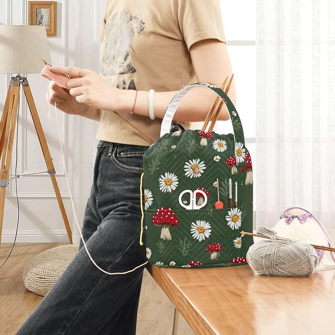 Tatenale Crochet Bag Yarn Bag Knitting Project Bag with Pockets and Handle Portable Yarn Storage Organizer Tangle Free 8.3x11 InchBoho Mushroom Daisy Green08