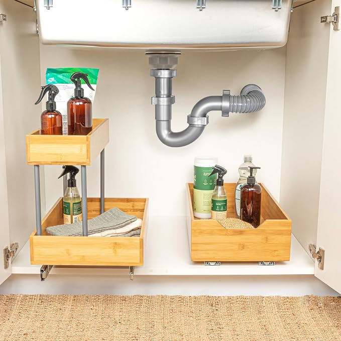 Household Essentials Glidez Steel and Bamboo Pull-Out/Slide-Out Storage Organizer for Under Sink or Cabinet Use - 2 -Tier Design - Fits Standard Size Cabinet or Shelf, Natural and Chrome