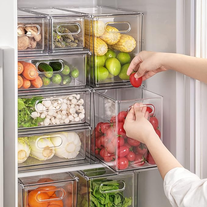 9.5QT Refrigerator Organizer Fridge Storage Bin with Pull-out Drawer, Large | Plastic Fridge Organizers with Handle, Stackable Fruit Vegetable Storage Containers for Kitchen Bathroom Pantry, Under Sink
