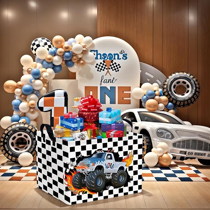 Racing Car Storage Basket Monster Truck Toy Book Shelf Basket Kid Room Decor Gift (Black and White Checkered)