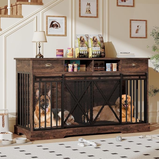 Garvee 63'' Double Dog Crate with Removable Divider | Extra Large Dog Cage Furniture with Sliding Doors & 2 Drawers, Multifunctional Indoor Pet House TV Stand for 2 Pets