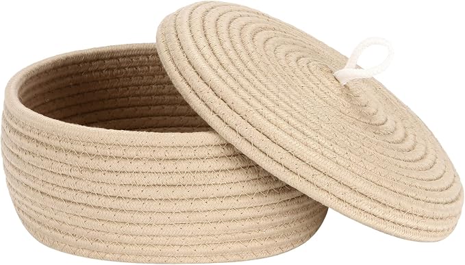 Sea Team Round Woven Cotton Rope Storage Basket with Lid, Khaki | Lidded Knitted Decorative Storage Bin, Pot, Caddy, Organizer, Container for Snacks, Towels, Plants, 10 x 4.5 Inches