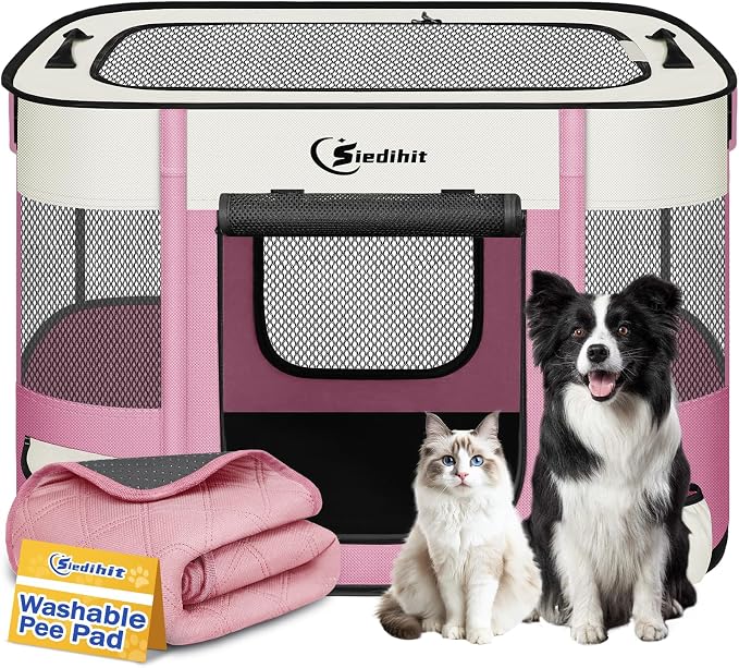 Siedihit 31" Dog Playpen,Cat Puppy Pen, Pet Portable Crate Indoor Outdoor | Durable Travel Camping Use,Foldable Dog Kennel Tent Cage for Rabbit Small Animals with Carrying Case (Pink with Pad, Medium)