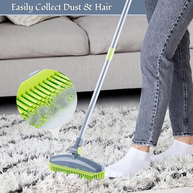 180°Rotating Head Rubber Broom with Squeegee for Pet Hair Removal - 51" Iron Handle Fur Remover Rake Brush for Carpet, Hardwood & Tile Floors, Includes Pet Hair Removal Gloves (Green)