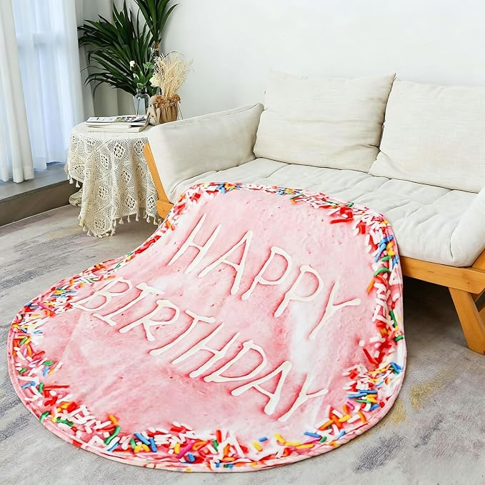 Bnuitland Pink Birthday Cake Blanket, 300 GSM Double Sided Giant Realistic Funny Gift Throw for Sofa Bed, Super Soft Novelty Food Blanket for Kids/Pets and Adults