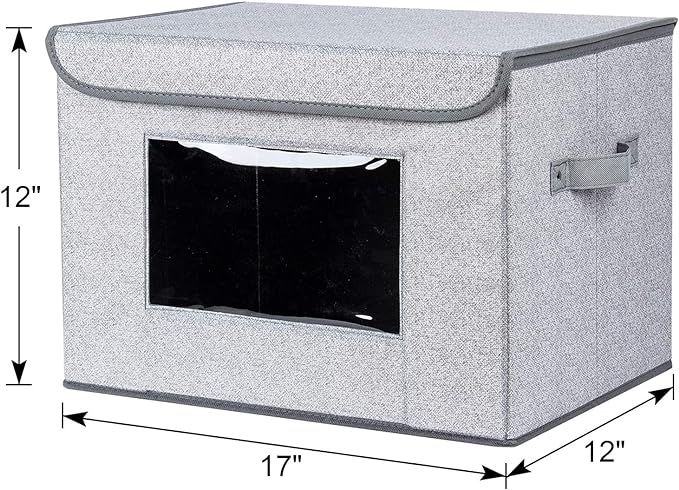 Univivi Fabric Closet Storage Bins with Lids for Shelves 4 Pack, Gray | 17 x 12 x 12 In Clothes Storage Bins with Handles & Window, Foldable Closet Organizers and Storage for Home, Office, Bedroom
