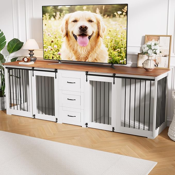 95" Large Dog Crate Furniture for 2 Dogs, Farmhouse Wooden Dog Kennel with 3 Storage Drawers, Heavy Duty Furniture Style TV Stand with Sliding Barn Doors