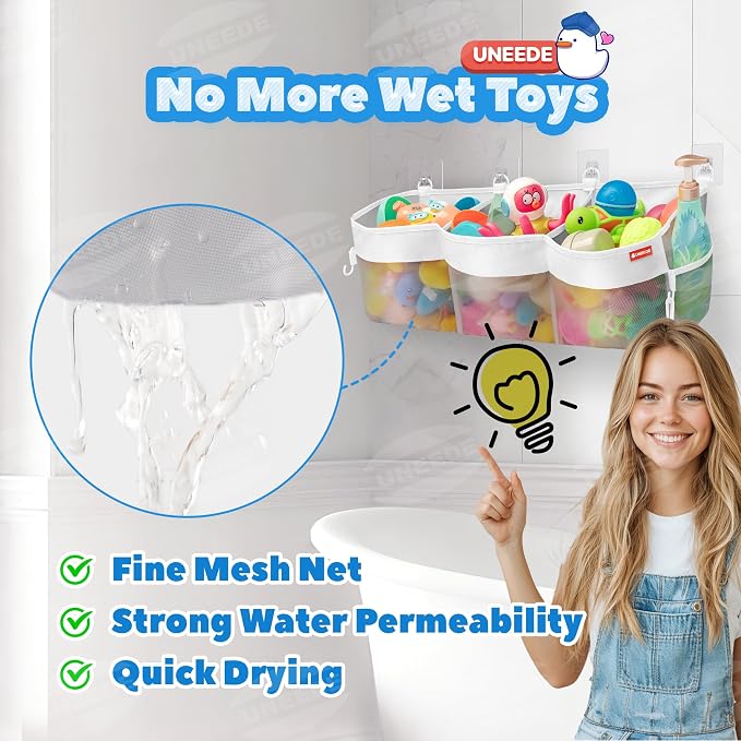 UNEEDE 4.95 Gallons 3 Compartment Horizontal Bath Toy Storage | Bathtub Toy Storage Organizer,Bath Toy Holder For Bathtub,Baby Bath Toy Organizer For Tub,Mesh Shower Caddy(Gray)