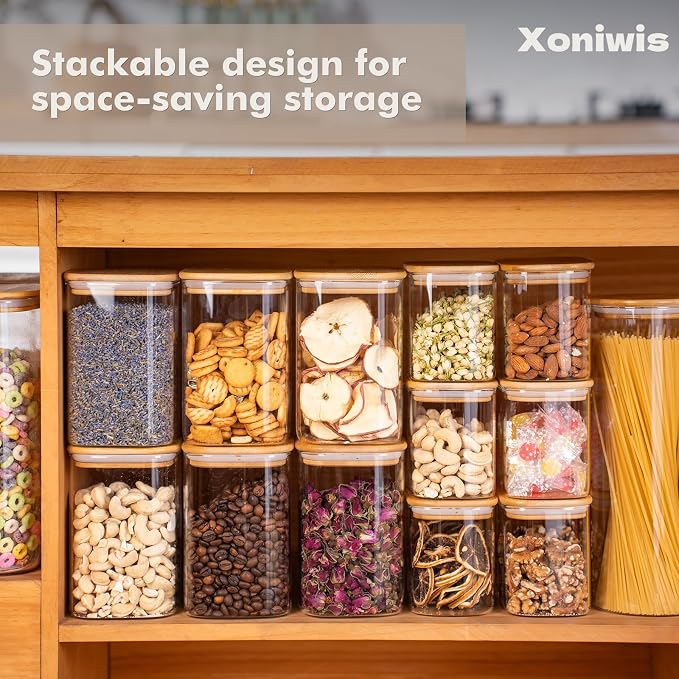 6-Pack 1.2Qt Square Glass Storage Jars with Bamboo Lids | Minimalist Kitchen Organizer,Pantry Storage Container,Food Storage Container,Scandinavian Style Storage,Nordic Style Storage