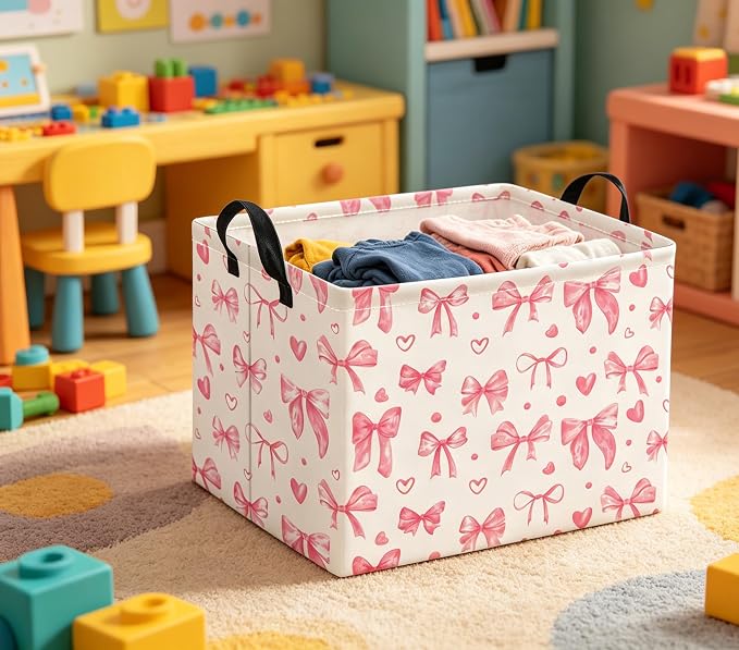 Rectangular Valentines Basket for Women Girls Storage Bin Organizer Box Shelf Room Decor(Heart Bowknot)