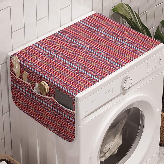 Ambesonne Folk Washing Machine Organizer Pack of 2, Colorful Ethnic Tribal Retro Hipster Style Vertical Abstract Geometric Zigzags Stripes, Anti-Slip Cover for Washers Dryers, 47" x 18.5", Pink Blue
