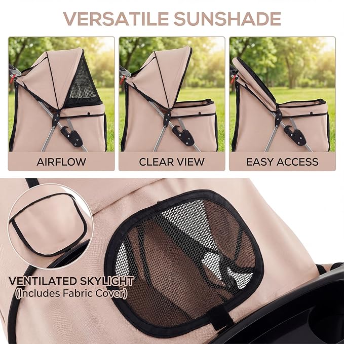 Giantex Foldable Pet Stroller for Small Dogs & Cats, Lightweight Dog Stroller with Lockable Wheels, One-Hand Quick Fold, Adjustable Canopy, Safety Leash & Storage Basket, Pet Travel Stroller, Beige