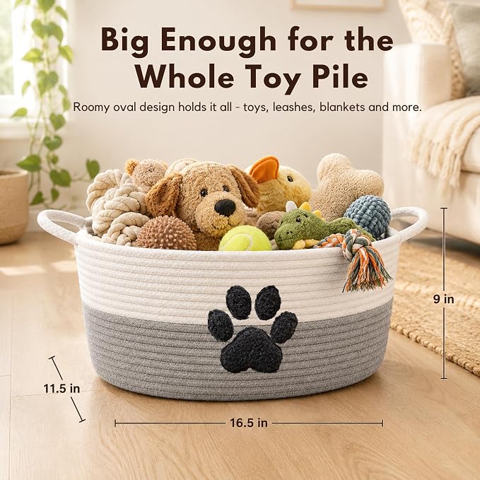 Dog Toy Basket with Handles, Grey Cotton Rope Storage Bin Organizer | Neutral grey dog toy organizer that blends any decor. Holds toys, blankets & leashes. Machine washable, collapsible rope bin.