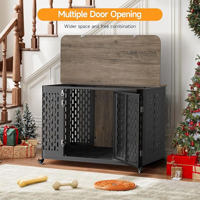 ONBRILL 43.7" Dog Crate Furniture with Cushion, Flip-Top Access and Wheels | Heavy-Duty Construction Supports Everyday Use, while Flip-Top Access Makes Feeding and Cleaning More Convenient