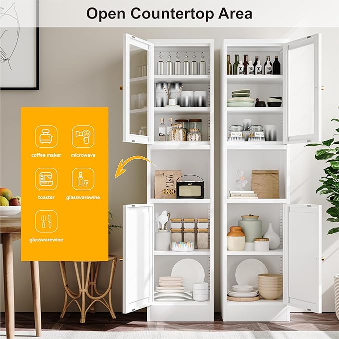 YAUWOH Metal Storage Cabinet with Glass Door, Tall Slim Pantry Organizer with 3 Adjustable Shelves (120LBS/Shelf), Anti-Tipping Waterproof Cabinet for Kitchen/Home Office/Small Spaces,(1PC,White)