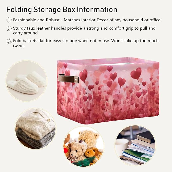 Wamika Happy Valentine’s Day Pink Storage Basket with Waterproof Liner and PU Handles Love Trees Heart Flowers Red Storage Boxes 14.2" Collapsible Decorative Baskets for Bedroom Closet Office 2 Pack