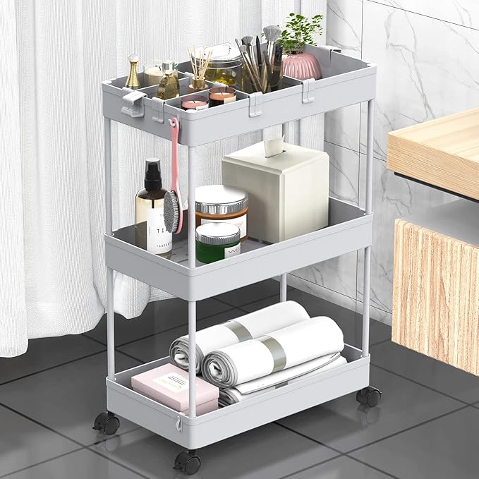 3 Tier Rolling Cart with Wheels, Storage Craft Art Trolley Organizer Serving, 3 Hanging Baskets Easy Assembly, for Office, Living Room, Kitchen, Gray