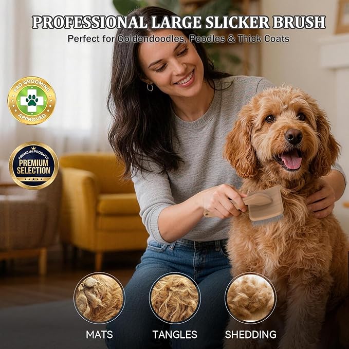 Large Slicker Brush for Dogs, 4-in-1 Extra Long Pins Dematting Dog Brush Grooming with Doodles Goldendoodles & Poodles, Deshedding Brush Set Cleaning Tool for Thick Double Coats,Naturally