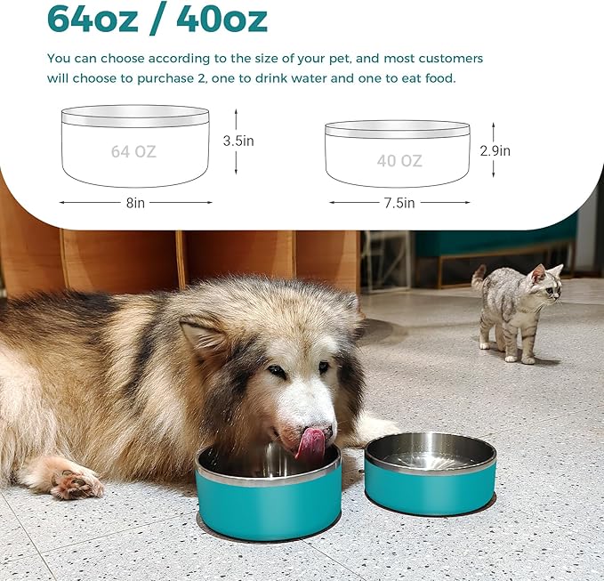 WENBOKMIN Dog Bowl, Stainless Steel Dog Food and Water Bowl with Non Slip Quiet Bottom, Easy to Clean, Dishwasher Safe, 40oz, Lake Blue