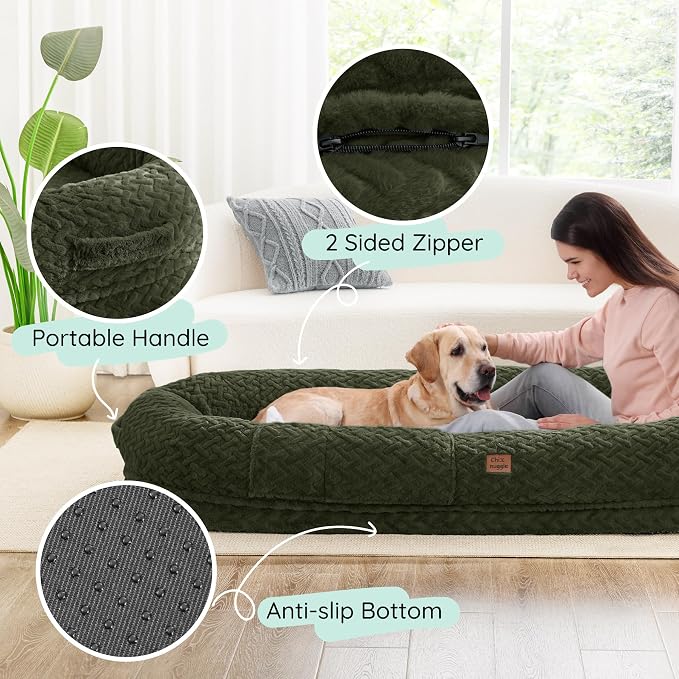 ChiXnuggle Orthopedic Human Dog Bed,with Faux Fur Washable Cover,Blanket | olive green,72*40*10,giant dog bed for adult or extra large dogs,egg crate foam,non-slip bottom