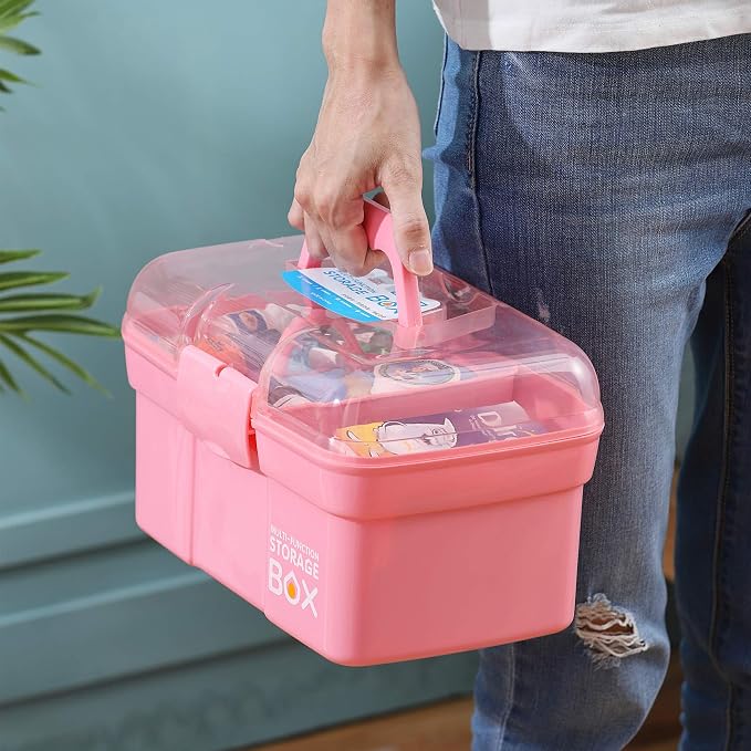 Kinsorcai 11'' Plastic Storage Box with Removable Tray, Multipurpose Organizer and Storage Case for Art Craft and Cosmetic (Pink)