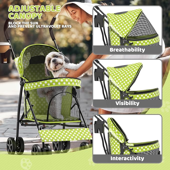 Magshion Compact Fold Pet Travel Stroller for Small Dogs Cats, Lawn Green | Up to 22lbs, 4-Wheel Lightweight Umbrella Shaped Design, Safety Tethers, Breathable Mesh, Cup Holder & Rear Storage
