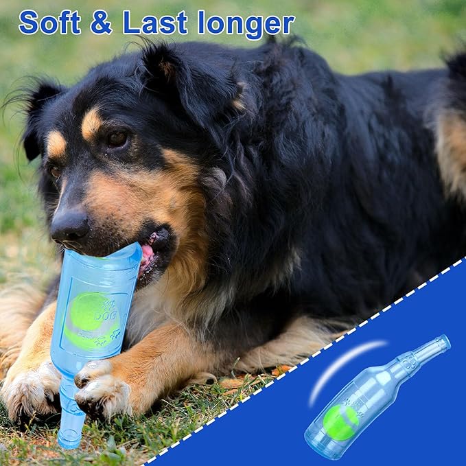 Squeaky Chew Toy for Dogs, TPR Bottle with Tennis Ball Inside (Blue, Large)