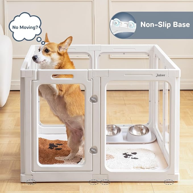 Jalove 24" Acrylic Clear Dog Playpen Indoor, Relieves Pet Anxiety | Ideal for Small Dogs,Plastic Pet Play Pen with Door, Playpen for Rabbit, Easy to Install, White 8 PCS
