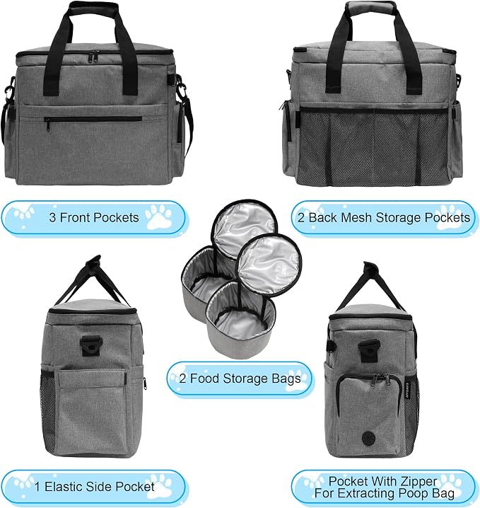MYDAYS Dog Travel Bag, Pet Luggage Suitcase, Weekend Tote Carrier with Collapsible Bowl (Gray)