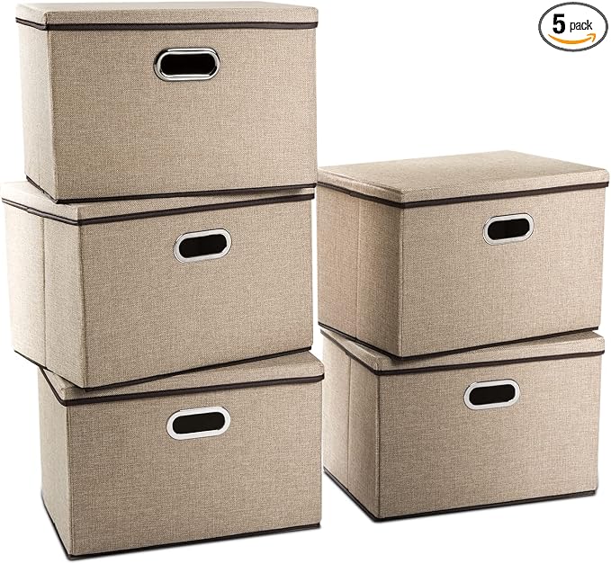 Large Collapsible Storage Baskets with Lids [5-Pack] Jute Fabric Foldable Storage Bins Boxes Organizer Containers Cube with Cover for Home Bedroom Closet Office Nursery (17.7x11.8x11.8)