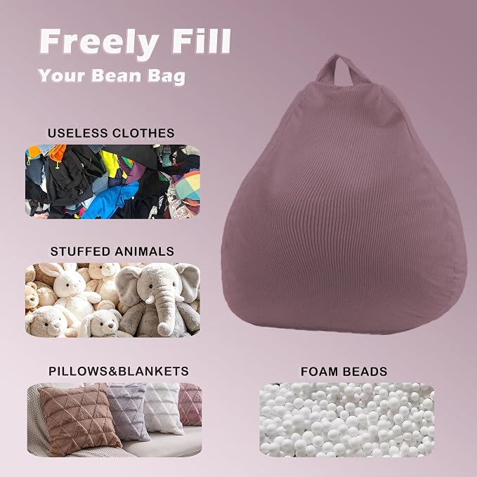 LPMOERA Stuffed Animal Storage Soft Bean Bag Cover No Filler Dusty Pink | Skin-Friendly,Portable,Wide Easy-Load Opening,Hidden Zipper,Decorative Organizer